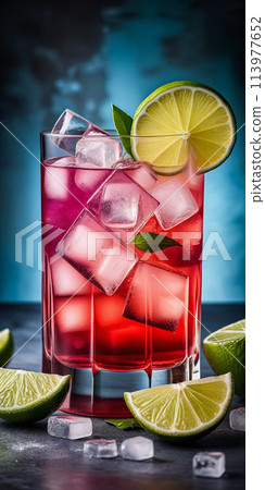 Violet-red cocktail with ice cubes and lime slices in a glass. Indoors in a photo studio on a table Violet-red cocktail with ice cubes and lime slices in a glass. Indoors in a photo studio on a table 113977652