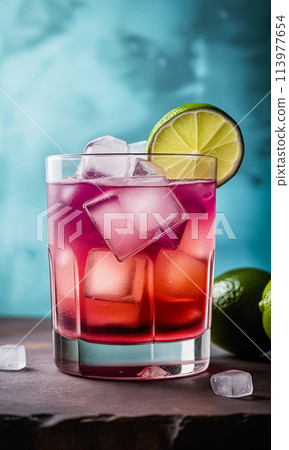 Violet-red cocktail with ice cubes and lime slices in a glass. Indoors in a photo studio on a table 113977654