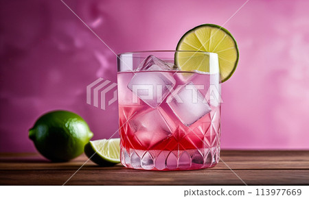 Violet-red cocktail with ice cubes and lime slices in a glass. Indoors in a photo studio on a table 113977669
