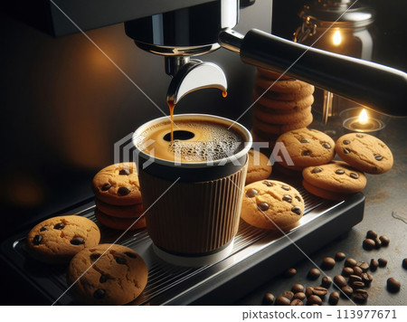 cup of coffee and biscuit with coffee beans 113977671