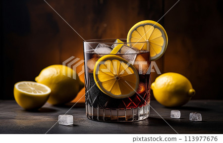 Black cocktail with ice cubes, cola and lemon slices in a glass. Indoors in a photo studio on a table 113977676