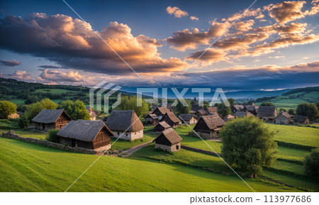 Panoramic top view of an old small abandoned ruined village on the hills with thatched roof huts at sunset with clouds in the sky 113977686