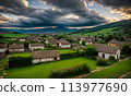 Panoramic top view of an old small abandoned ruined village on the hills with thatched roof huts at sunset with clouds in the sky 113977690