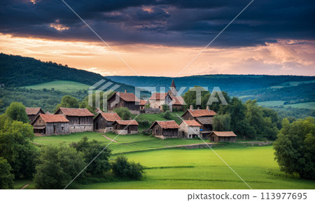 Panoramic top view of an old small abandoned ruined village on the hills with thatched roof huts at sunset with clouds in the sky 113977695