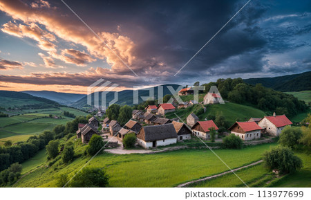 Panoramic top view of an old small abandoned ruined village on the hills with thatched roof huts at sunset with clouds in the sky Panoramic top view of an old small abandoned ruined village on the hills with thatched roof huts at sunset with clouds in the sky 113977699