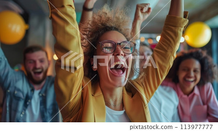 Excited and energetic business team celebrates a successful achievement with joy 113977777