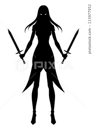 The silhouette of a beautiful girl with long hair, he stands gracefully with two paired combat knives ready for battle. 2d vector art The silhouette of a beautiful girl with long hair, he stands gracefully with two paired combat knives ready for battle. 2d vector art 113977952