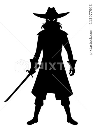 Pirate silhouette with sword, hat and coat 113977968