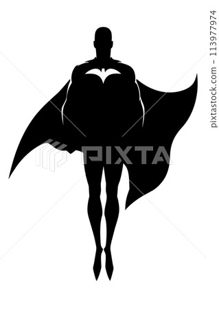 Front view silhouette illustration of determined and powerful superhero wearing cape while flying against white background for copy space. Front view silhouette illustration of determined and powerful superhero wearing cape while flying against white background for copy space. 113977974