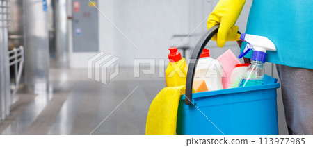 Cleaning woman with cleaning products in a bucket. 113977985