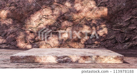 Stone bench in front of rock wall 3d render illustration 113978188