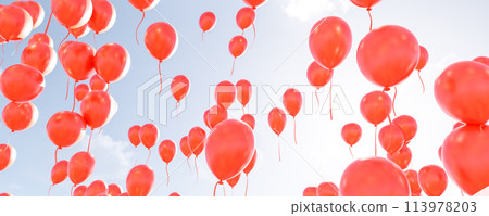 Vibrant red balloons ascending into the clear blue sky during a daytime celebration 3d render illustration Vibrant red balloons ascending into the clear blue sky during a daytime celebration 3d render illustration 113978203