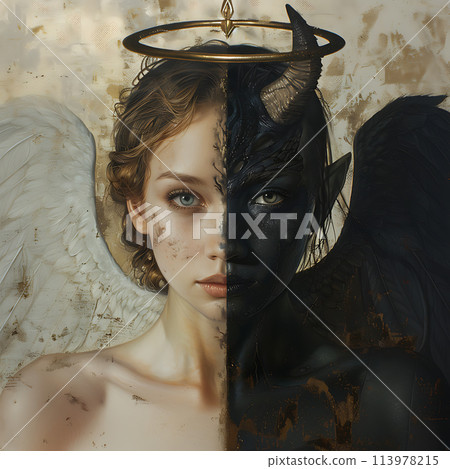 Devil and angel, black and white, on the one hand a beautiful girl, on the other hand a terrible black demon, contrast and opposites, two entities, philosophical illustration 113978215