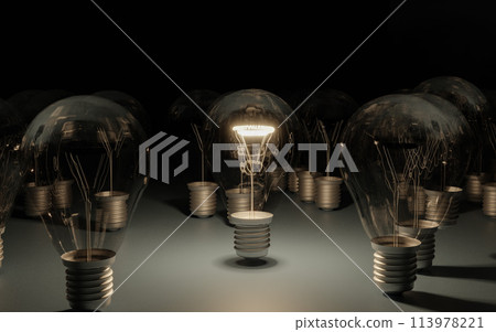 Array of light bulbs in the dark 3d render illustration Array of light bulbs in the dark 3d render illustration 113978221