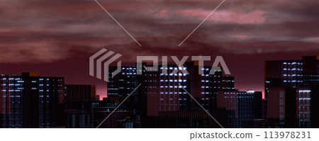 Urban skyline dominated by tall buildings 3d render illustration 113978231