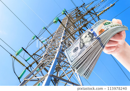 High voltage electric tower against the blue sky. Power transmission line 113978240