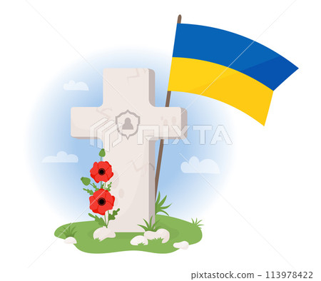 Memorial Day. Grave cross with Ukrainian yellow-blue flag and bouquet red poppies flowers. Veterans Military Cemetery. Vector illustration . 113978422