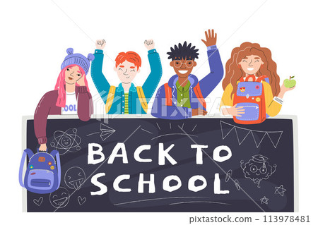 Back to school with diversity pupils flat concept 113978481
