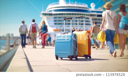 Yellow and blue suitcases stand in port as they are loading onto cruise ship. Family rest and vacation concept 113978520