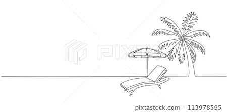 Beach umbrella and lounger near palm tree , continuous editable single line drawing. Concept of summer vacation, vacation at the seaside. Vector illustration. 113978595