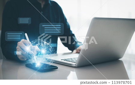 Programmer people working laptops or smartphones with AI, artificial intelligence software engineer coding on laptop computers with technology icons and binary code, big data, Ai bot digital machine 113978701