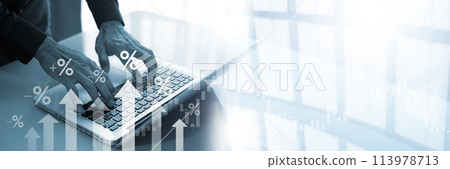 Businessmen using laptops with rising arrows and percentage icons. Planning and strategy, Stock market, Business growth, progress or success concept, Business growing virtual hologram stock 113978713