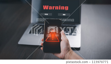 notification error and maintenance with triangle caution warning sign for notification error, Programmer using laptop with triangle caution warning sign, hacker attacks , cyber crime, cyber security 113978771