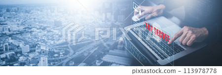 Business people working on laptop with top secret Online documentation database, IT consultant being set up Virtual Document Management System with a laptop, Software for archiving corporate files. 113978778