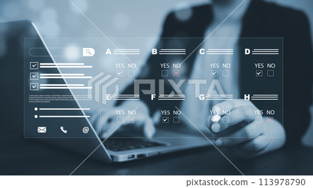 checklist and clipboard task documentation management, business people working laptop checklist questionnaire assessment form, online survey online exam Choosing the right answer in the exam 113978790