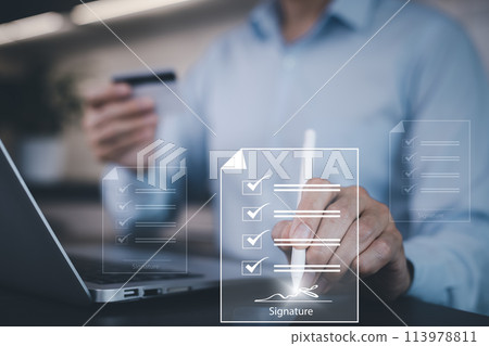 Signing electronic documents on digital documents Online, businessman with contract Electronic signature, e-signing, digital document management, paperless office, signing business contract concept, 113978811