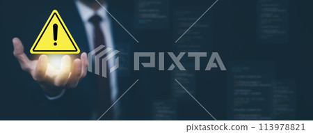 notification error 404 and maintenance with triangle caution warning sign for notification error, Programmer using laptop with triangle caution warning sign, hacker attacks cyber crime, cyber security 113978821