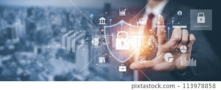 Cyber security and Security password login online concept  Hands typing and entering username and password of social media, log in with smartphone to an online bank account, data protection hacker 113978858