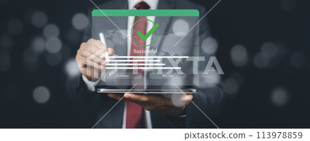 Laptop with Online payment, Hand hold smartphone banking online bill payment Approved concept button, credit card and network connection icon on business technology virtual screen background 113978859