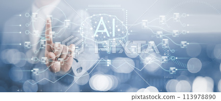 Artificial Intelligence (AI), on the big data network, Big data and Financial banking, Businessman working and touch digital coding programming, technology icons, and binary code, big data, Ai bot Artificial Intelligence (AI), on the big data network, Big data and Financial banking, Businessman working and touch digital coding programming, technology icons, and binary code, big data, Ai bot 113978890