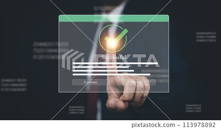 Online payment with digital marketing, Businessman touch banking online bill payment Approved concept button, credit card and network connection icon on business technology virtual screen background Online payment with digital marketing, Businessman touch banking online bill payment Approved concept button, credit card and network connection icon on business technology virtual screen background 113978892