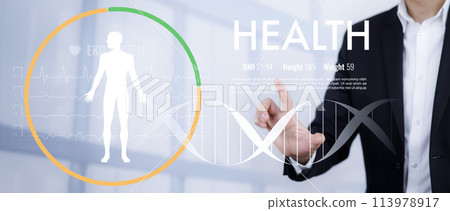 Medical doctor and medical technology and futuristic concept, Doctor using laptop and health medical network connection icon on virtual screen interface, Modern medical technology and innovation. 113978917