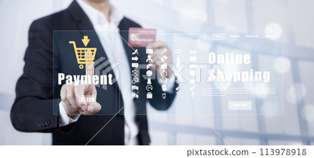 Business with Online payment, Hand touch banking online bill payment Approved concept button, credit card and network connection icon on business technology virtual screen background Business with Online payment, Hand touch banking online bill payment Approved concept button, credit card and network connection icon on business technology virtual screen background 113978918