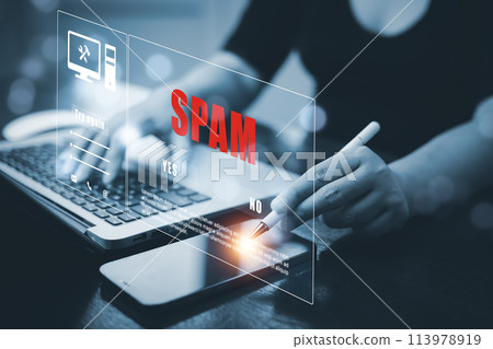 Email concept with laptop spam and virus computer monitor internet security concept, businessman reading electronic mail with a laptop. Spam, junk and e-marketing on screen, Spam Email Pop-up Warning. Email concept with laptop spam and virus computer monitor internet security concept, businessman reading electronic mail with a laptop. Spam, junk and e-marketing on screen, Spam Email Pop-up Warning. 113978919