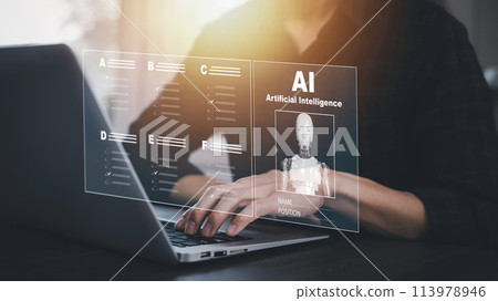 Programmer people working and touch virtual screen AI, artificial intelligence software engineer coding on laptop computers with technology icons and binary code, big data, coding Ai bot digital 113978946