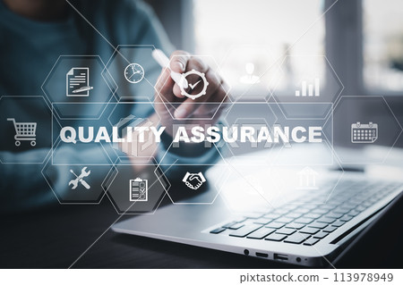 Quality assurance of business services, Smartphone shows the sign of service and ISO certification, the Quality certificate is compliant, and the Check mark symbol represents standard quality control. 113978949