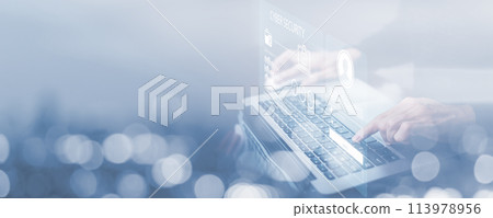Cyber security and Security password login online concept  Hands typing and entering username and password of social media, log in with smartphone to an online bank account, data protection hacker 113978956