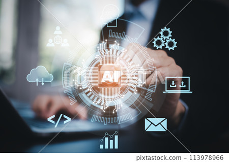 Programmer people working laptops or smartphones with AI, artificial intelligence software engineer coding on laptop computers with technology icons and binary code, big data, Ai bot digital machine Programmer people working laptops or smartphones with AI, artificial intelligence software engineer coding on laptop computers with technology icons and binary code, big data, Ai bot digital machine 113978966