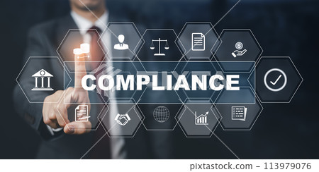 Business with Compliance Rules Law Regulation Policy Business Technology concept, business technology, Compliance with Standards, Regulations, and Requirements to pass audits and manage quality. 113979076
