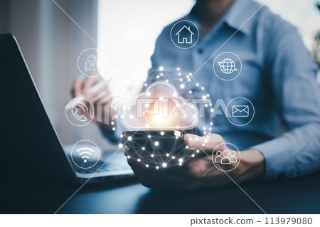 Business people using laptop with cloud computing system , Storage and data transfer Cloud network, Cloud technology. Networking and internet service, sharing download and upload and internet service Business people using laptop with cloud computing system , Storage and data transfer Cloud network, Cloud technology. Networking and internet service, sharing download and upload and internet service 113979080