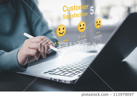 Businessman pressing smile on laptop keyboard customer service, evaluation concept,rating to service experience on online application, Customer review satisfaction feedback survey,Negative feedback Businessman pressing smile on laptop keyboard customer service, evaluation concept,rating to service experience on online application, Customer review satisfaction feedback survey,Negative feedback 113979097