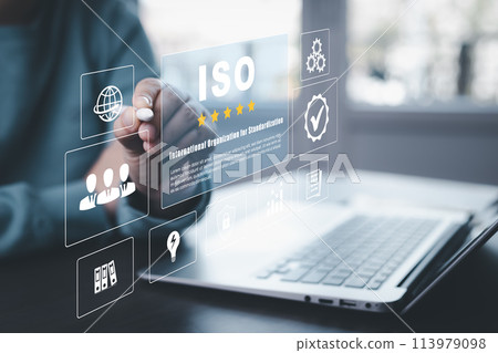 Business people working Laptops with ISO standards quality control concept, assurance warranty, Quality control standards, Researching international standards organization, Business technology concept 113979098