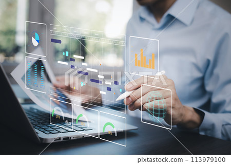 Working Data Analytics and Data Management Systems and Metrics connected to corporate strategy database for Finance, Intelligence,  Business Analytics with Key Performance Indicators, social network 113979100
