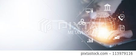 New metaverse with icon business concept,Business hand holding a virtual globe with financial icons future technology, business goals, online communication,graph Screen Icon of a media screen,big data 113979116
