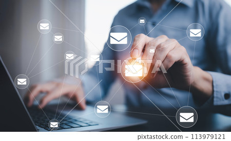 Business people working laptops with communication icons, letter icons, email icons, and newsletter email and protect your personal information or spam mail, Customer service call center contact. Business people working laptops with communication icons, letter icons, email icons, and newsletter email and protect your personal information or spam mail, Customer service call center contact. 113979121
