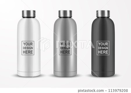 Vector Realistic 3D White, Silver, Black Color Metal Blank Glossy Reusable Water Bottle with Silver Bung Closeup Isolated. Design Template of Packaging Mockup. Front View 113979208